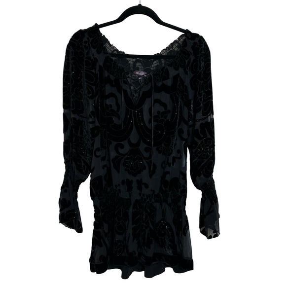Hale Bob Silk Blend Velvet Burnout Peplum Top Size XS Black Gothic Dark Romantic - Picture 1 of 9